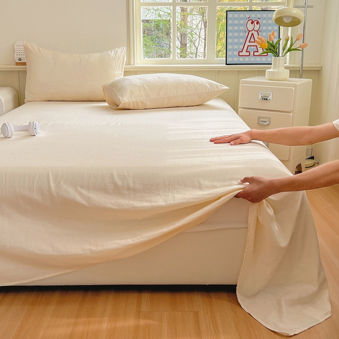 91家纺网 家纺一手货源 找家纺 柠萌家居 2025年新款A类母婴级纯棉双层纱床单全棉床单 双层纱米黄