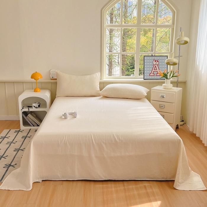 91家纺网 家纺一手货源 找家纺 柠萌家居 2025年新款A类母婴级纯棉双层纱床单全棉床单 双层纱米黄