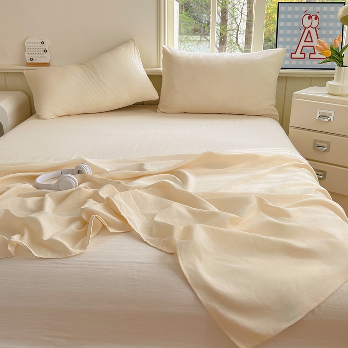 91家纺网 家纺一手货源 找家纺 柠萌家居 2025年新款A类母婴级纯棉双层纱床单全棉床单 双层纱米黄