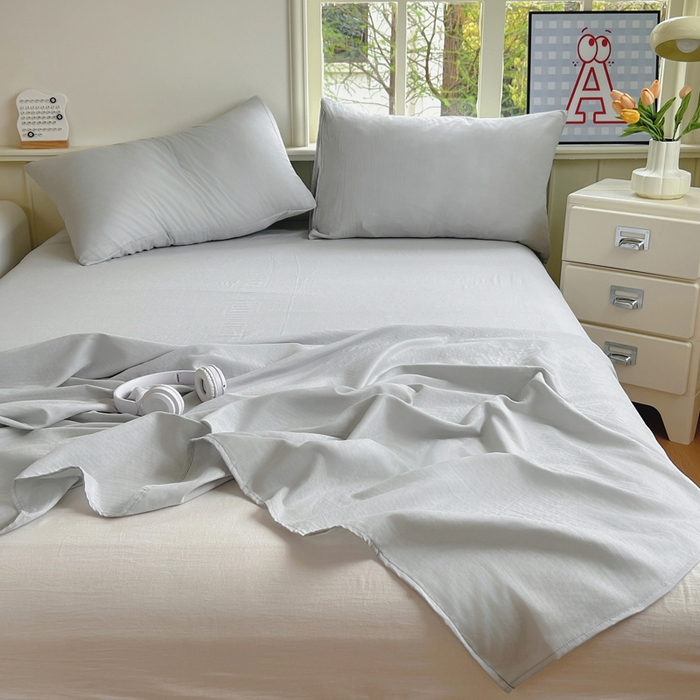 91家纺网 家纺一手货源 找家纺 柠萌家居 2025年新款A类母婴级纯棉双层纱床单全棉床单 双层纱橄榄灰