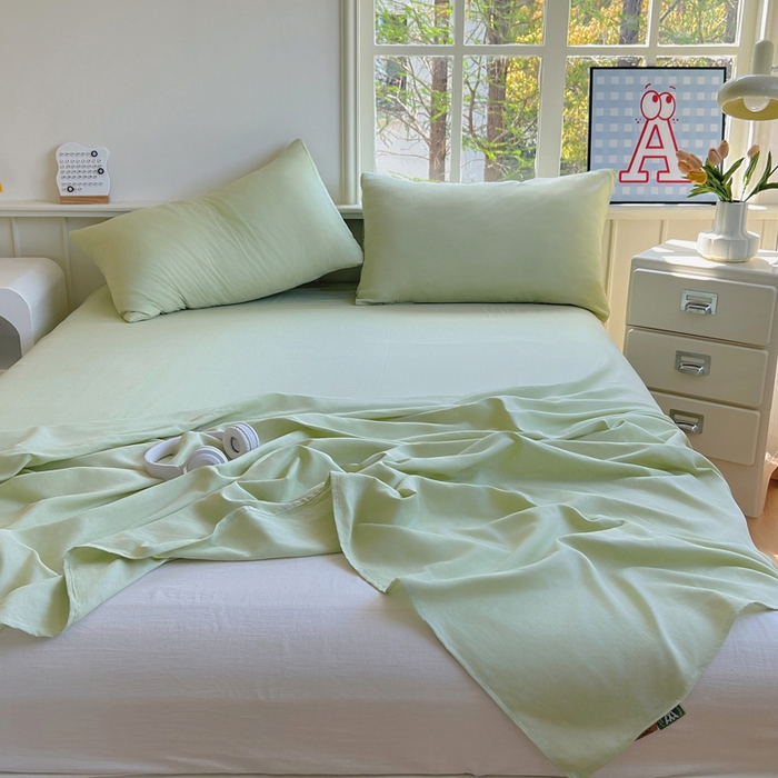 91家纺网 家纺一手货源 找家纺 柠萌家居 2025年新款A类母婴级纯棉双层纱床单全棉床单 双层纱抹茶绿