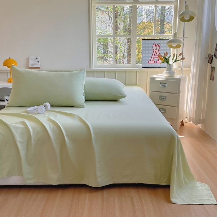 91家纺网 家纺一手货源 找家纺 柠萌家居 2025年新款A类母婴级纯棉双层纱床单全棉床单 双层纱抹茶绿