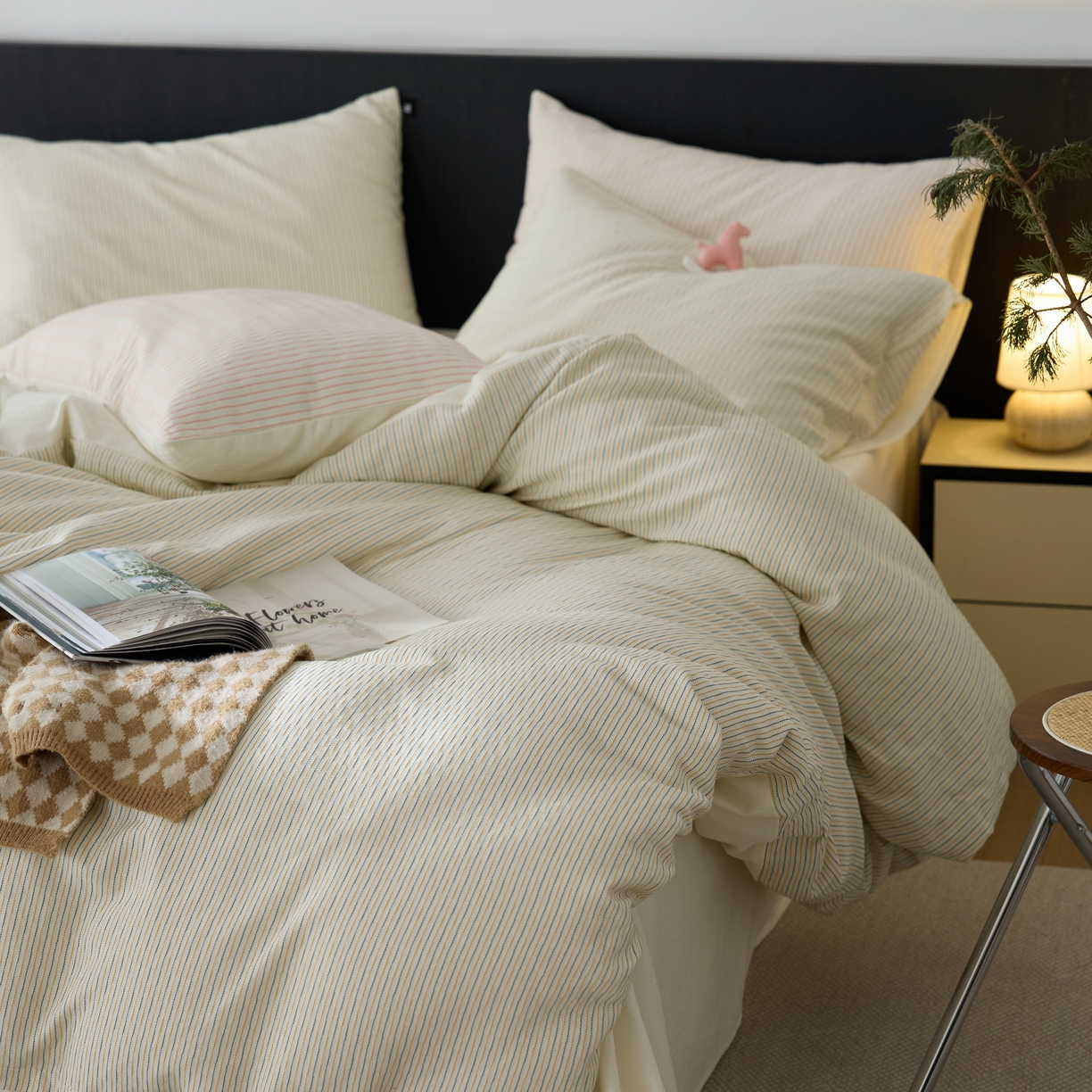 91家纺网 家纺一手货源 找家纺 安莱生活 2025新款精梳纱色织提花四件套-森韵 森韵-黄蓝彩条