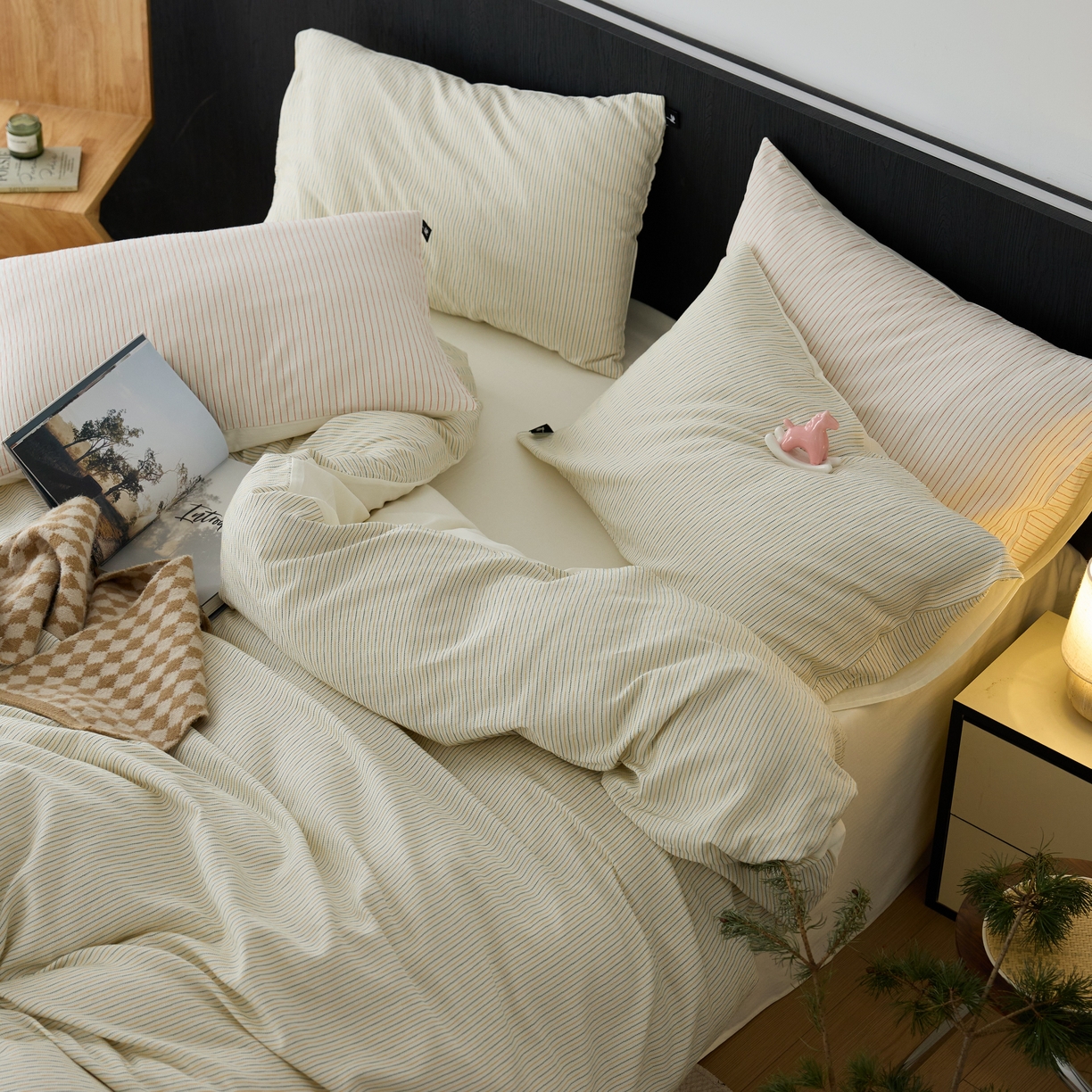 91家纺网 家纺一手货源 找家纺 安莱生活 2025新款精梳纱色织提花四件套-森韵 森韵-黄蓝彩条