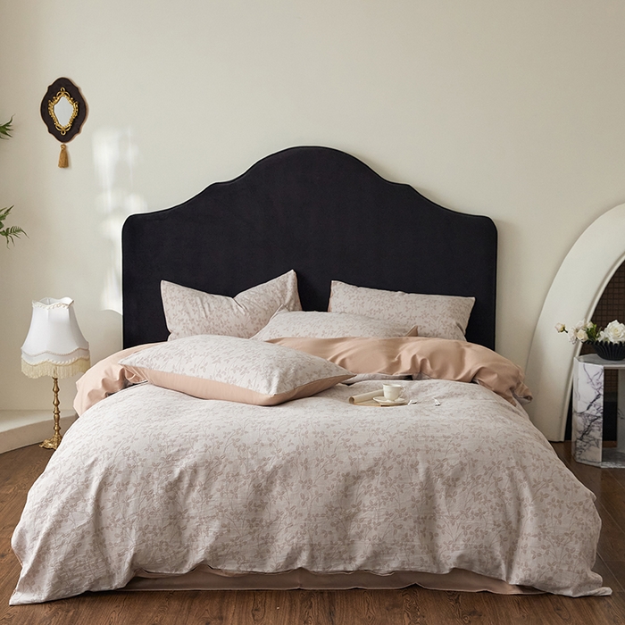 91家纺网 家纺一手货源 找家纺 优品阁 2025新款全棉纯棉A类人字斜三层纱提花四件套-叶叶情深系列 叶叶情深-卡其