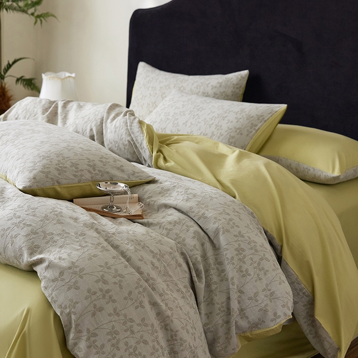 优品阁 2025新款全棉纯棉A类人字斜三层纱提花四件套-叶叶情深系列 叶叶情深-牛油果绿