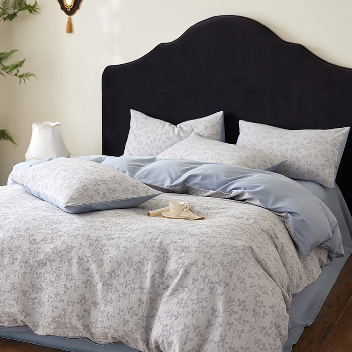 91家纺网 家纺一手货源 找家纺 优品阁 2025新款全棉纯棉A类人字斜三层纱提花四件套-叶叶情深系列 叶叶情深-雾霾蓝