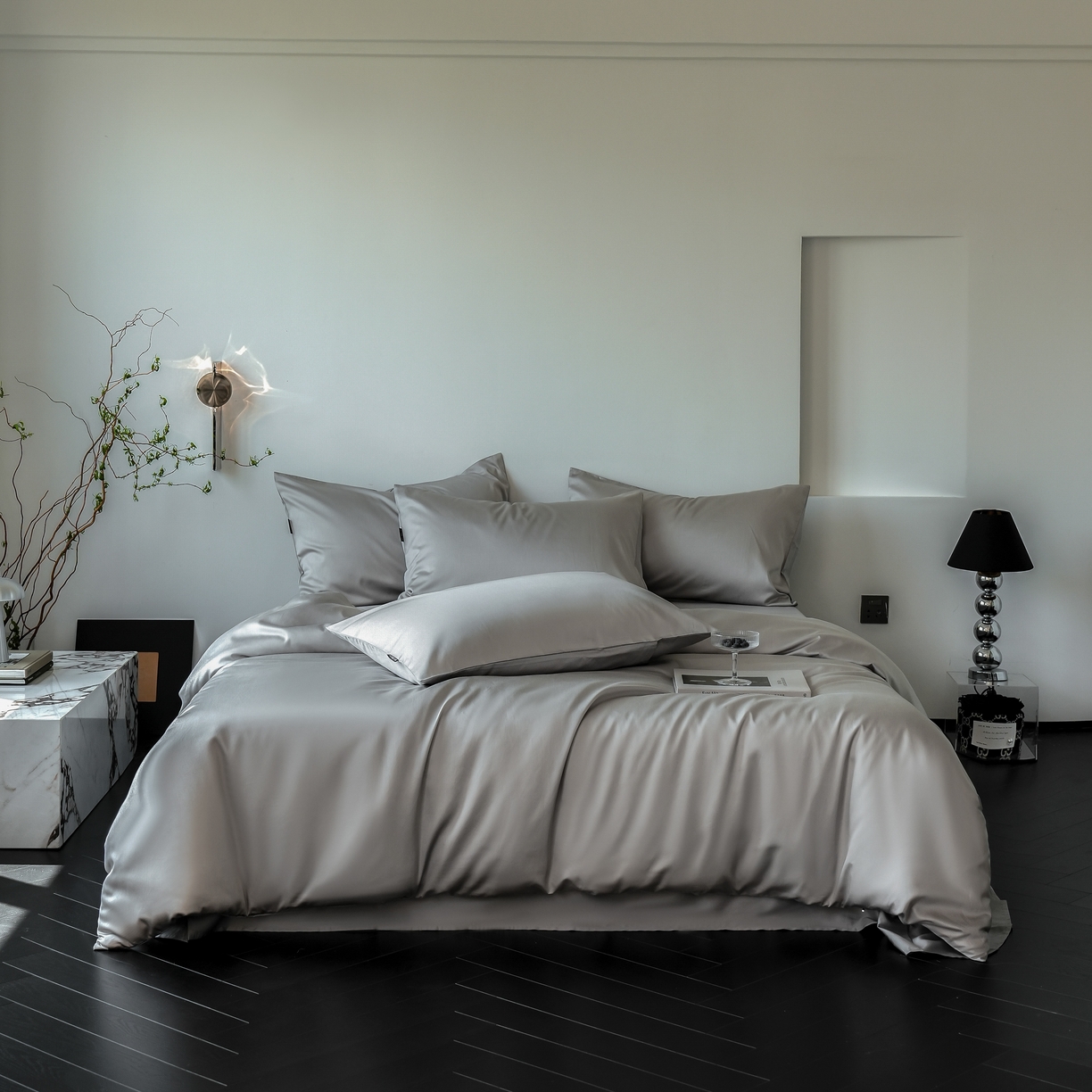 91家纺网 家纺一手货源 找家纺 秀色家纺 2025新款夏季轻奢A类100天丝长绒棉纯色床上四件套夏季冰丝被套床单高级感 Air天丝绵-幻影灰+薄雾灰