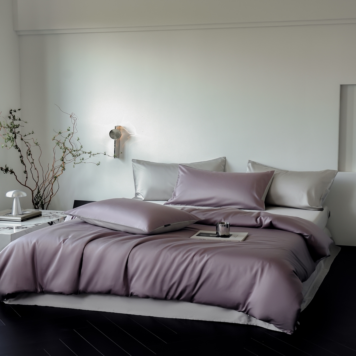 91家纺网 家纺一手货源 找家纺 秀色家纺 2025新款夏季轻奢A类100天丝长绒棉纯色床上四件套夏季冰丝被套床单高级感 Air天丝绵-迷雾紫+幻影灰