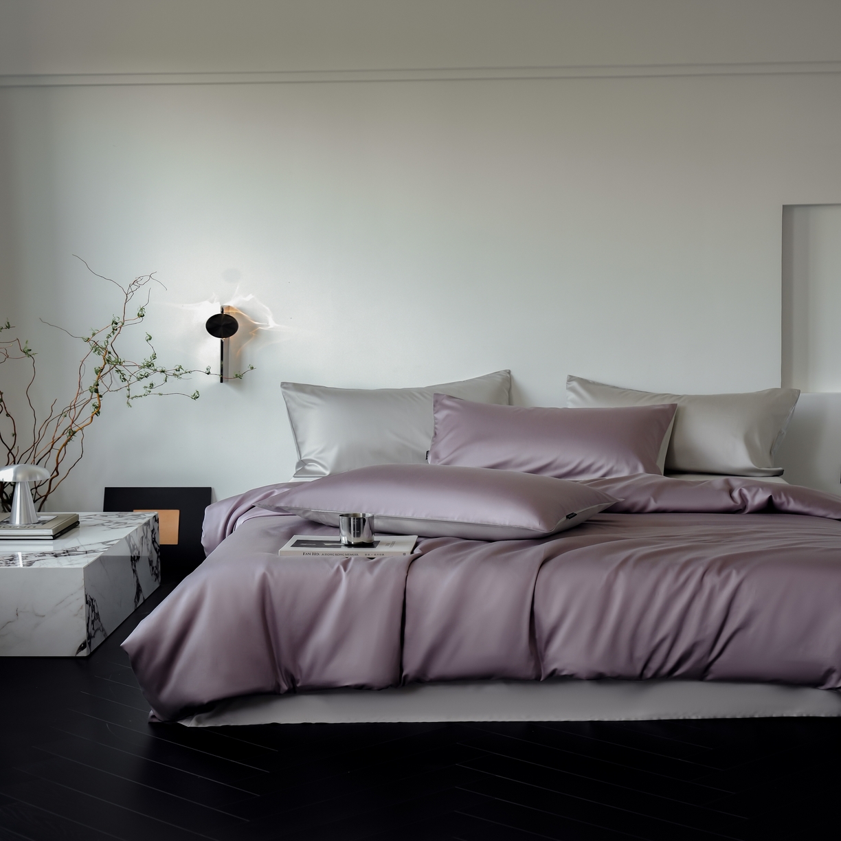 91家纺网 家纺一手货源 找家纺 秀色家纺 2025新款夏季轻奢A类100天丝长绒棉纯色床上四件套夏季冰丝被套床单高级感 Air天丝绵-迷雾紫+幻影灰