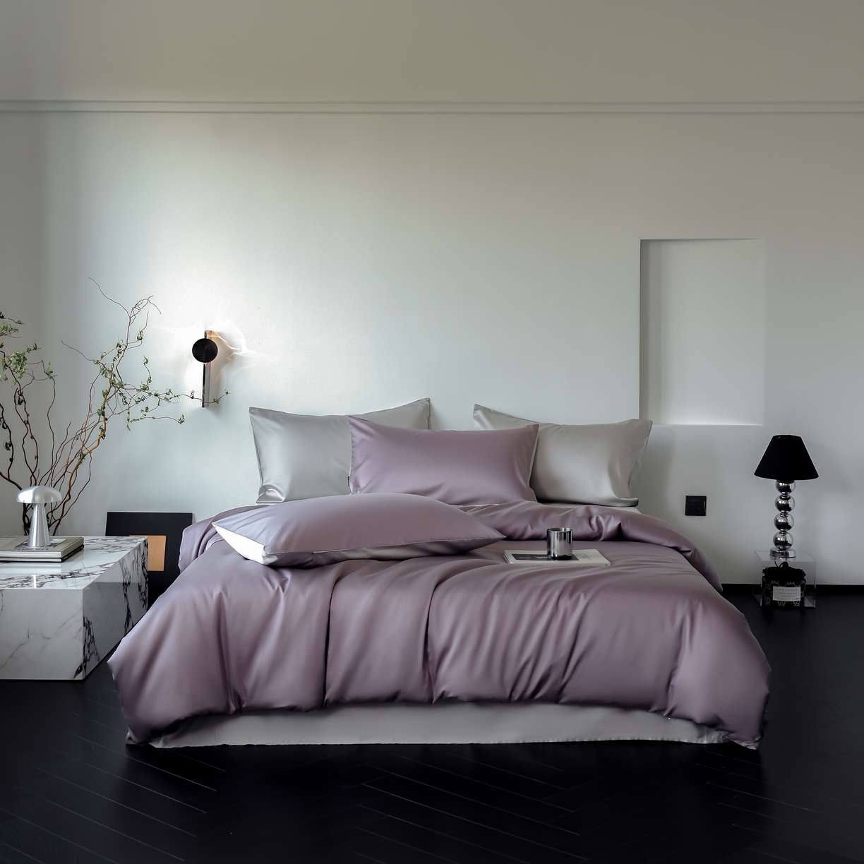 91家纺网 家纺一手货源 找家纺 秀色家纺 2025新款夏季轻奢A类100天丝长绒棉纯色床上四件套夏季冰丝被套床单高级感 Air天丝绵-迷雾紫+幻影灰