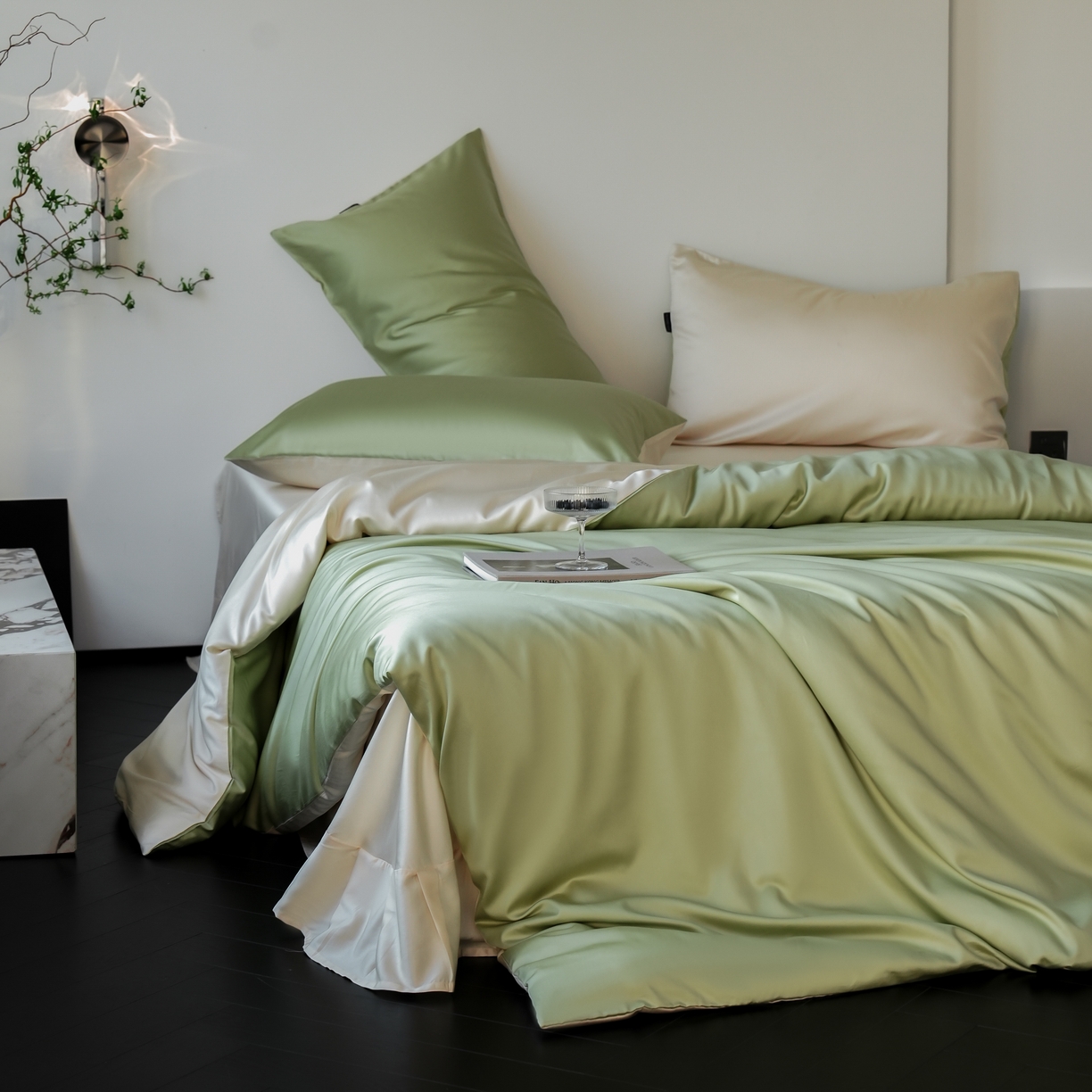 91家纺网 家纺一手货源 找家纺 秀色家纺 2025新款夏季轻奢A类100天丝长绒棉纯色床上四件套夏季冰丝被套床单高级感 Air天丝绵-抹茶奶白