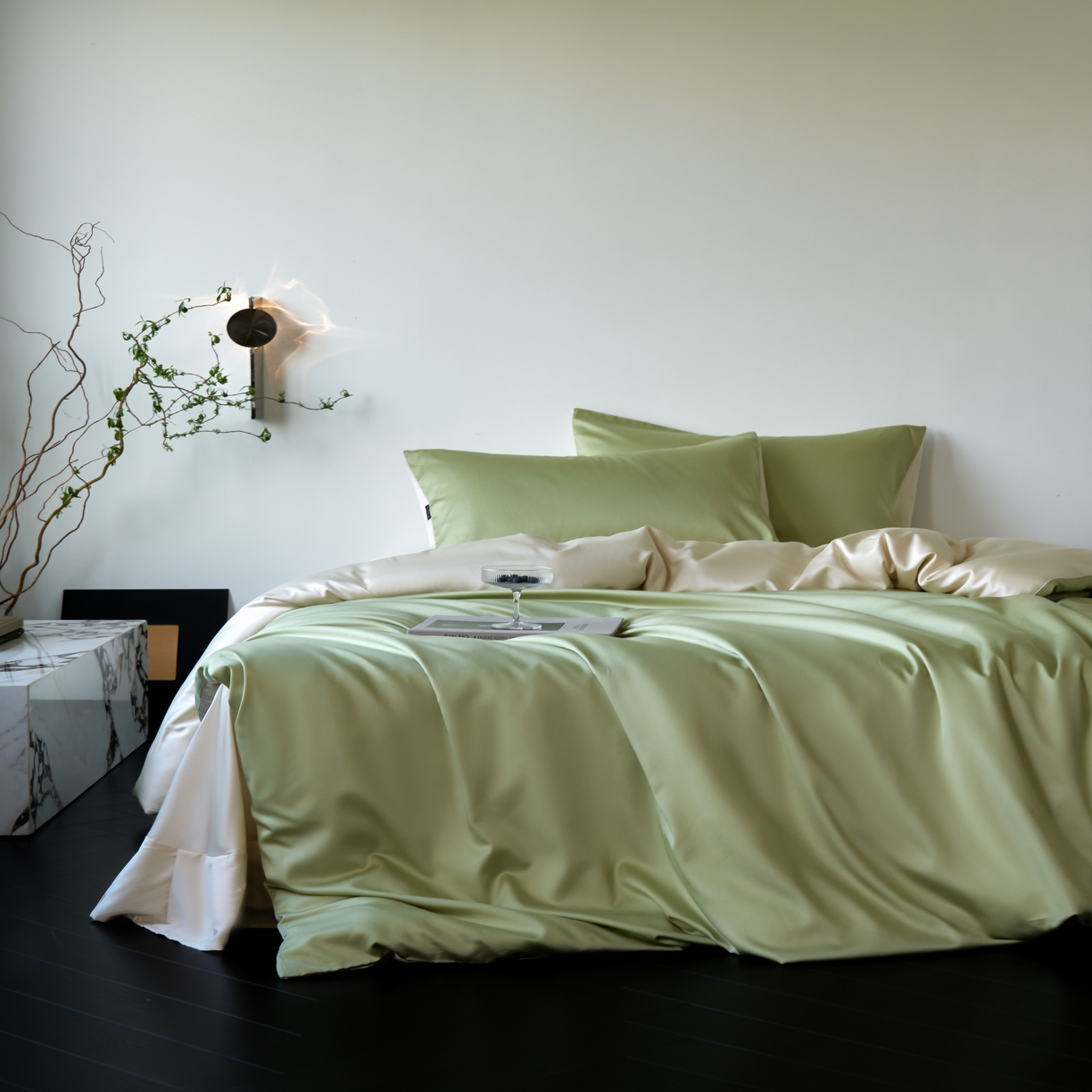 91家纺网 家纺一手货源 找家纺 秀色家纺 2025新款夏季轻奢A类100天丝长绒棉纯色床上四件套夏季冰丝被套床单高级感 Air天丝绵-抹茶奶白