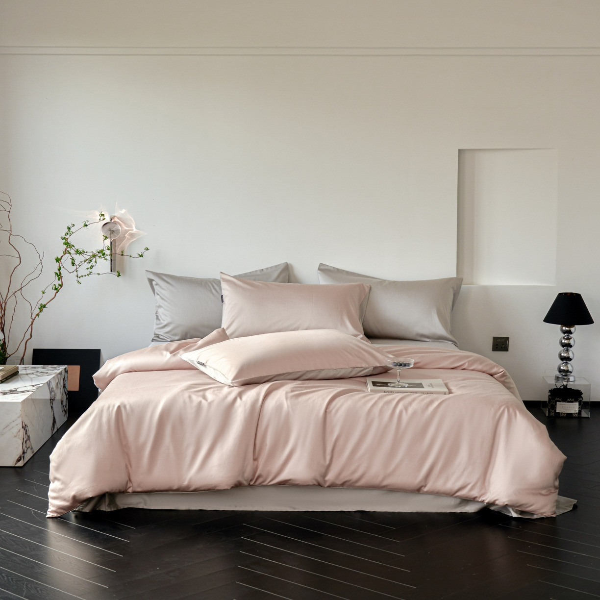 91家纺网 家纺一手货源 找家纺 秀色家纺 2025新款夏季轻奢A类100天丝长绒棉纯色床上四件套夏季冰丝被套床单高级感 Air天丝绵-桃灰粉+幻影灰