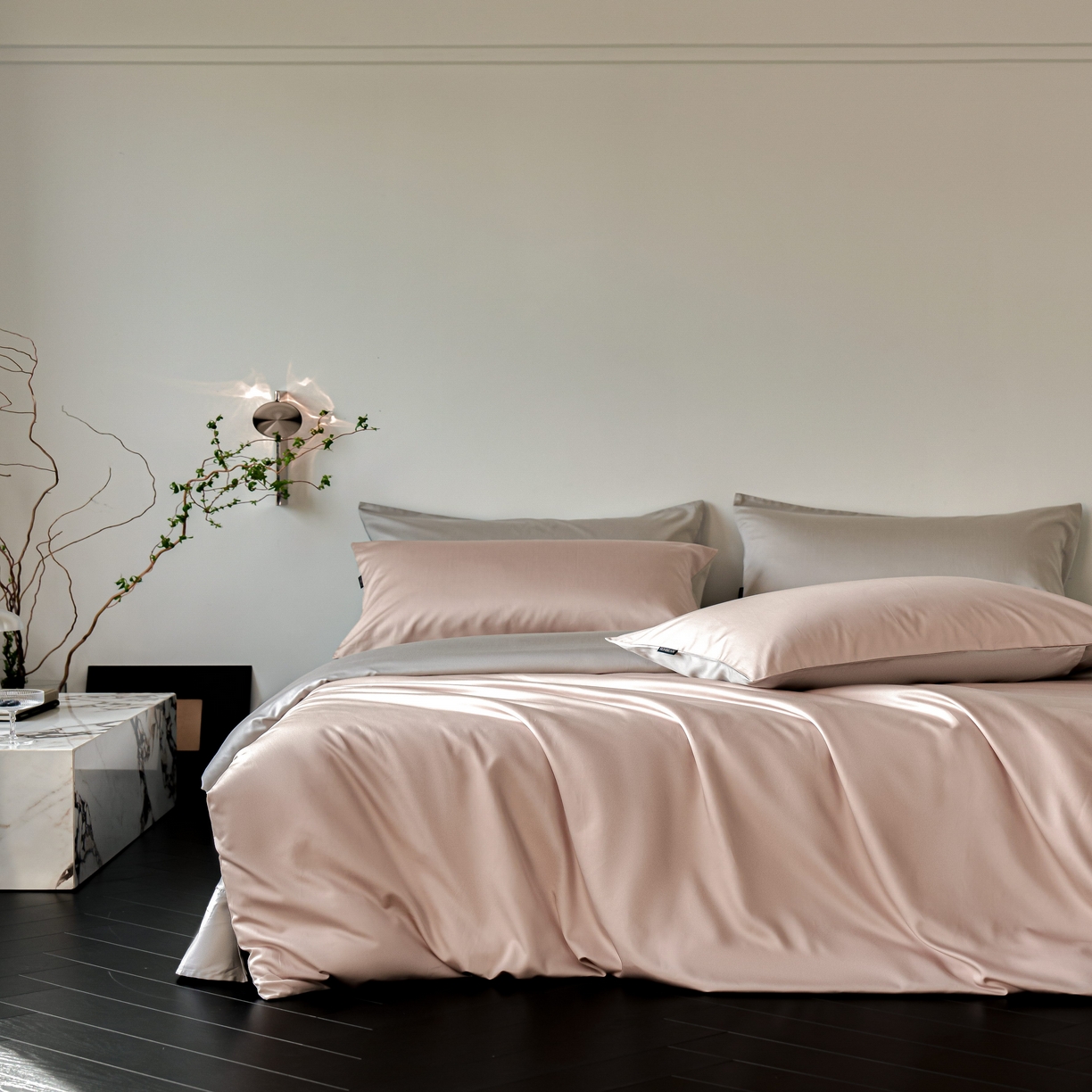 91家纺网 家纺一手货源 找家纺 秀色家纺 2025新款夏季轻奢A类100天丝长绒棉纯色床上四件套夏季冰丝被套床单高级感 Air天丝绵-桃灰粉+幻影灰