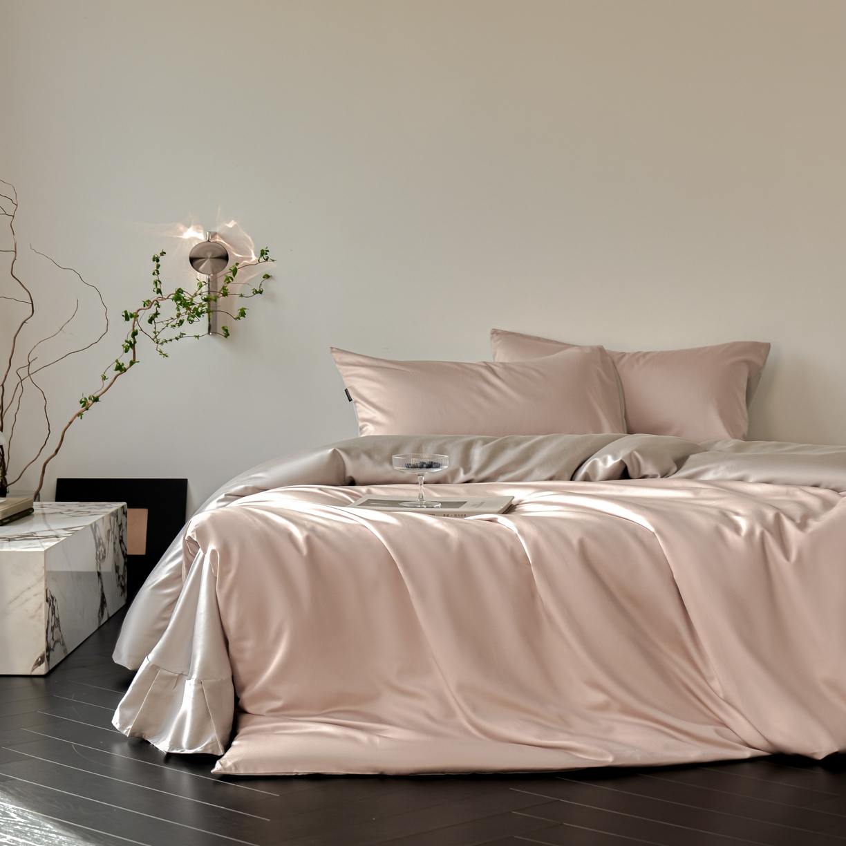 91家纺网 家纺一手货源 找家纺 秀色家纺 2025新款夏季轻奢A类100天丝长绒棉纯色床上四件套夏季冰丝被套床单高级感 Air天丝绵-桃灰粉+幻影灰