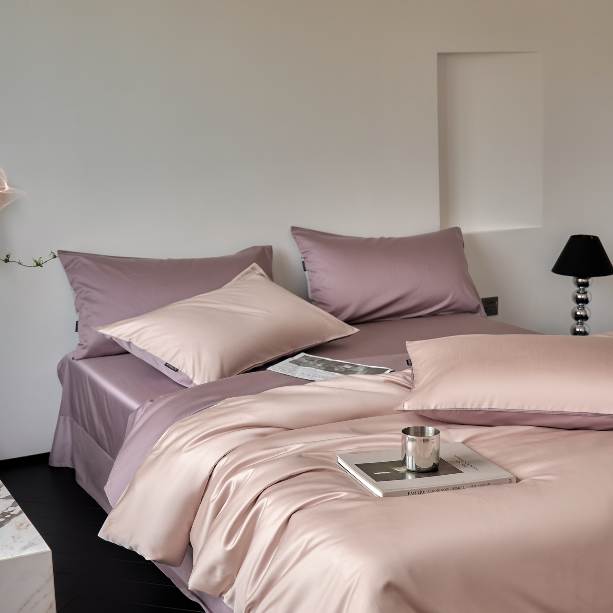 秀色家纺 2025新款夏季轻奢A类100天丝长绒棉纯色床上四件套夏季冰丝被套床单高级感 Air天丝绵-桃灰粉+迷雾紫