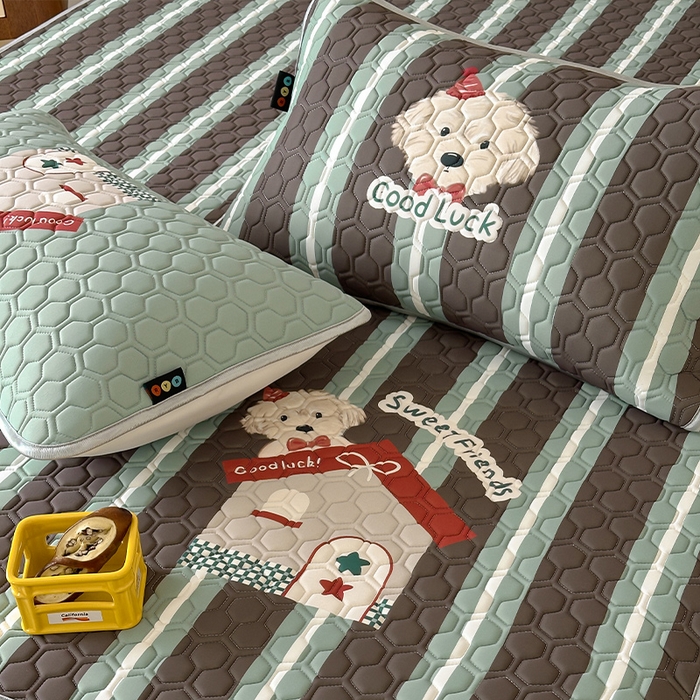 91家纺网 家纺一手货源 找家纺 RYB红黄兰 2025ins原创新款设计师款大版凉感水洗乳胶凉席三件套 泰迪小窝