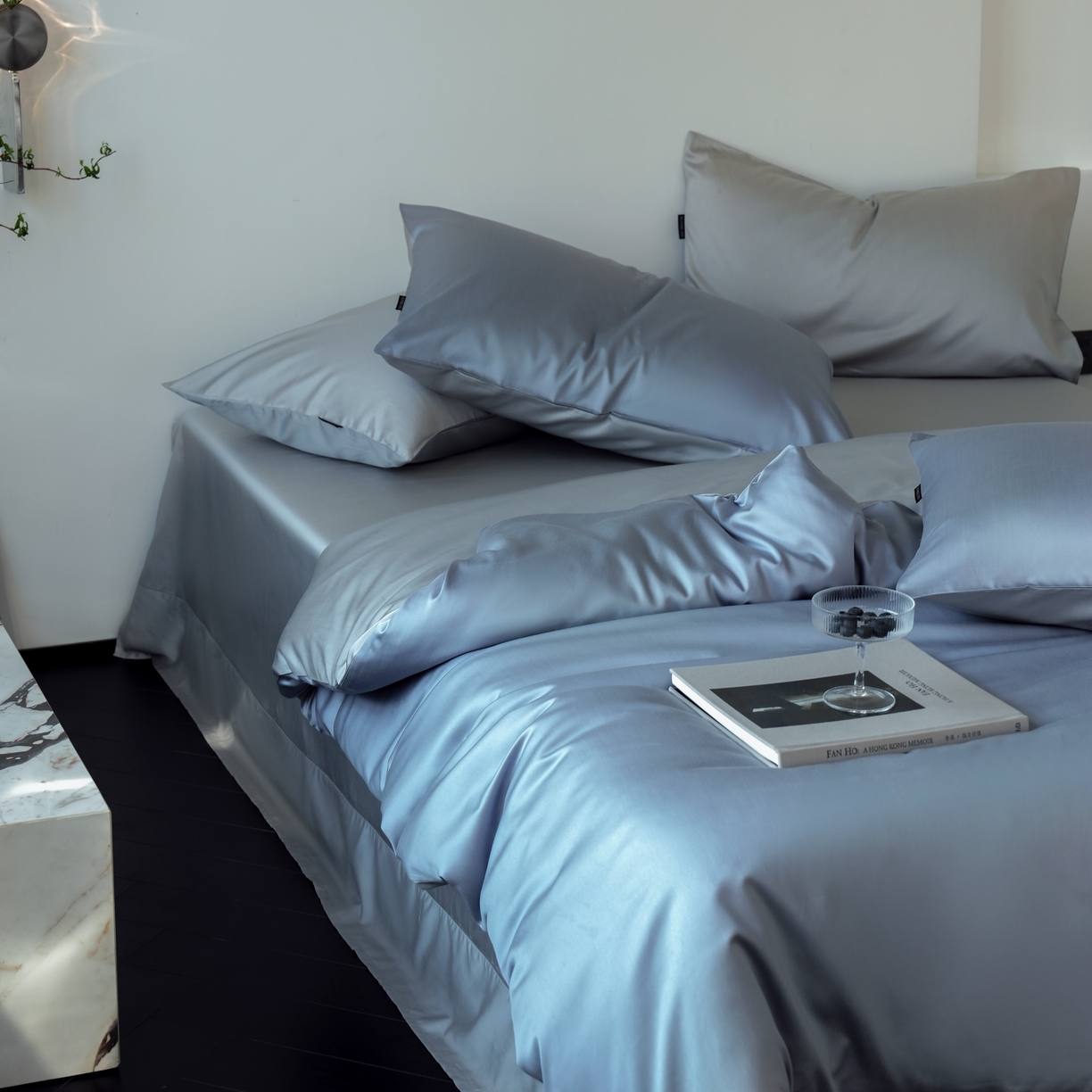 秀色家纺 2025新款夏季轻奢A类100天丝长绒棉纯色床上四件套夏季冰丝被套床单高级感 Air天丝绵-星雾蓝+薄雾灰