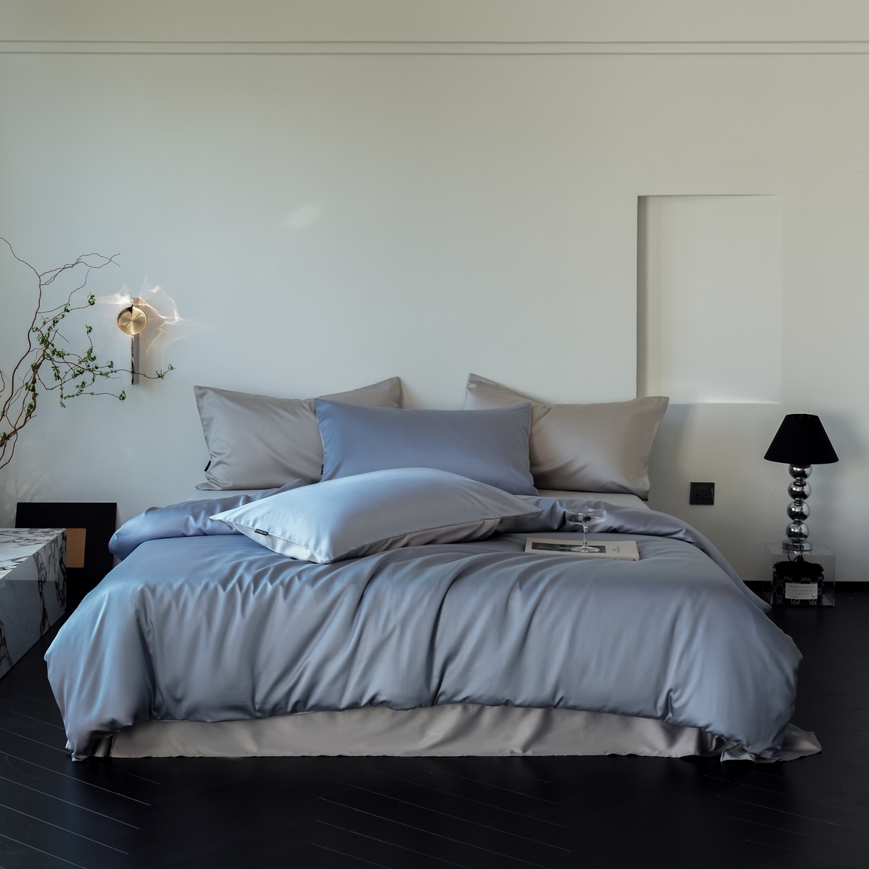 91家纺网 家纺一手货源 找家纺 秀色家纺 2025新款夏季轻奢A类100天丝长绒棉纯色床上四件套夏季冰丝被套床单高级感 Air天丝绵-星雾蓝+薄雾灰