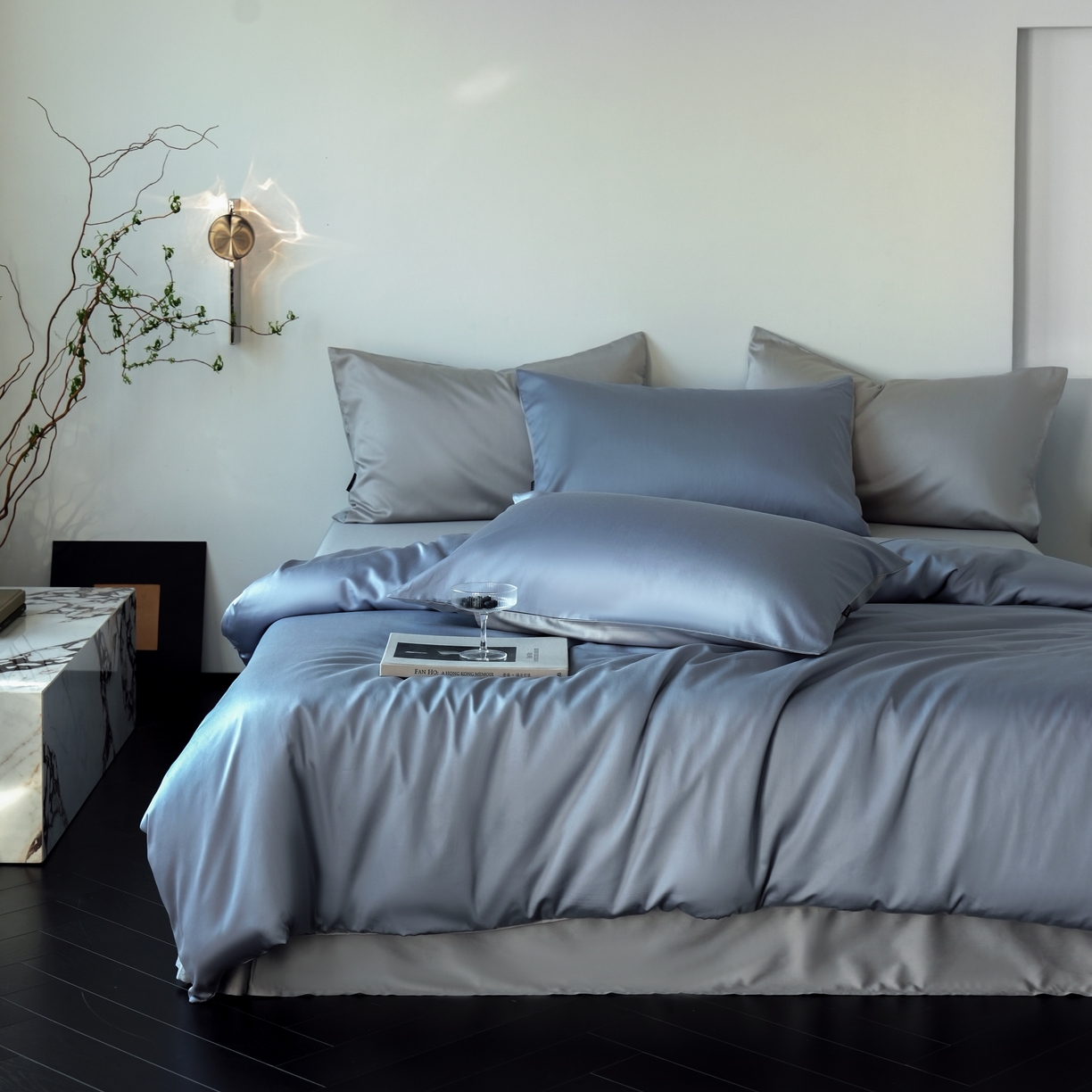 91家纺网 家纺一手货源 找家纺 秀色家纺 2025新款夏季轻奢A类100天丝长绒棉纯色床上四件套夏季冰丝被套床单高级感 Air天丝绵-星雾蓝+薄雾灰