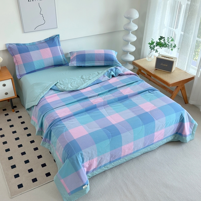 91家纺网 家纺一手货源 找家纺 三沁2025新款全棉色织水洗棉夏被 彩虹大格