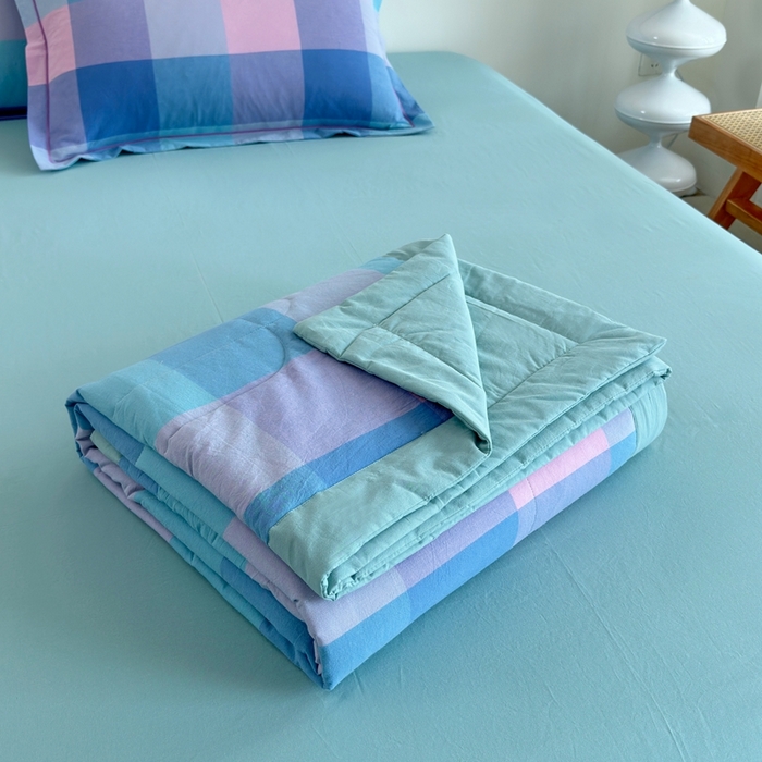 91家纺网 家纺一手货源 找家纺 三沁2025新款全棉色织水洗棉夏被 彩虹大格