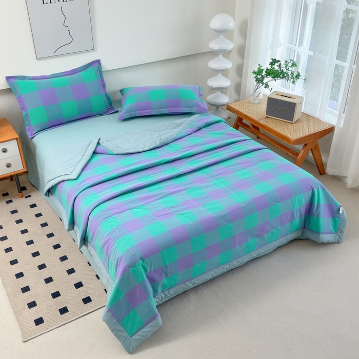 91家纺网 家纺一手货源 找家纺 三沁2025新款全棉色织水洗棉夏被 绿野仙踪大格