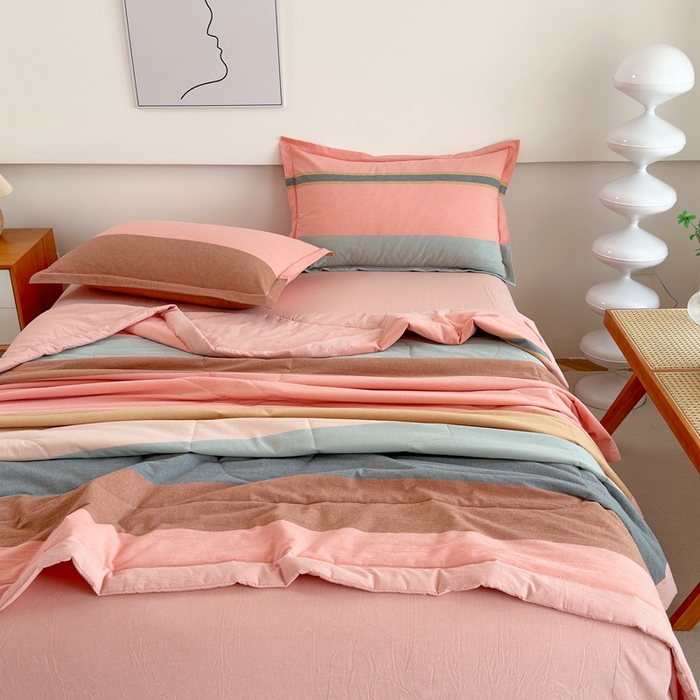 91家纺网 家纺一手货源 找家纺 三沁2025新款全棉色织水洗棉夏被 莫兰迪粉