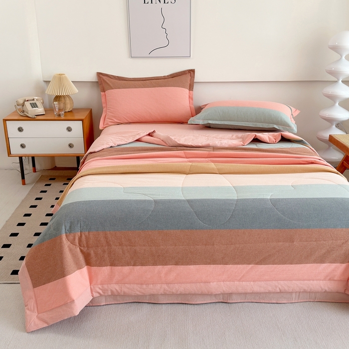 91家纺网 家纺一手货源 找家纺 三沁2025新款全棉色织水洗棉夏被 莫兰迪粉