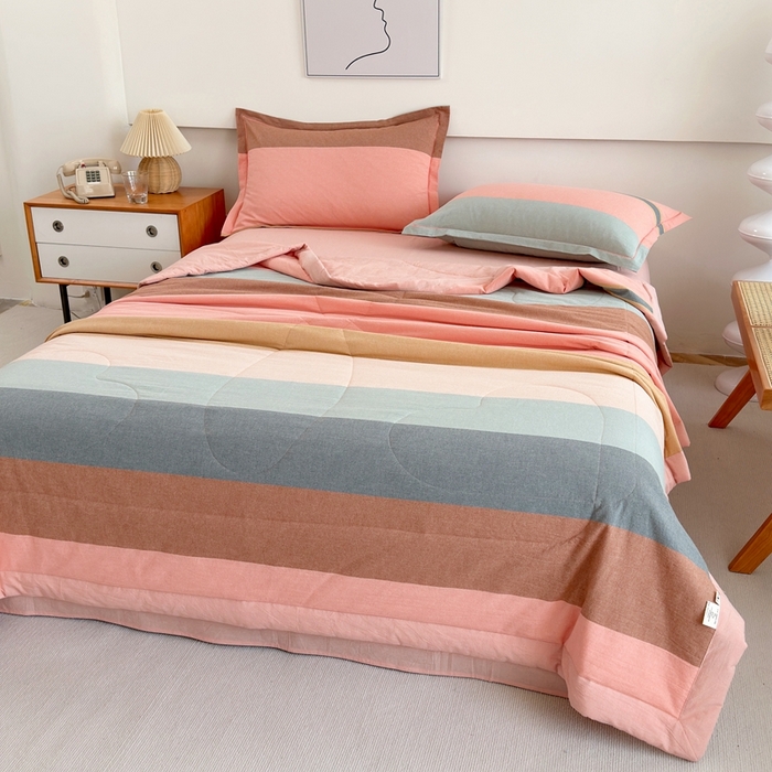 91家纺网 家纺一手货源 找家纺 三沁2025新款全棉色织水洗棉夏被 莫兰迪粉