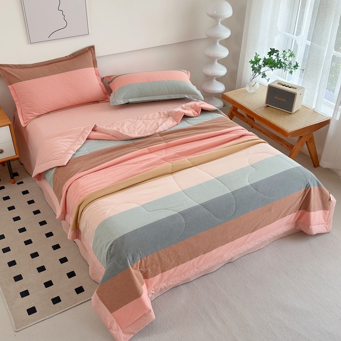 91家纺网 家纺一手货源 找家纺 三沁2025新款全棉色织水洗棉夏被 莫兰迪粉