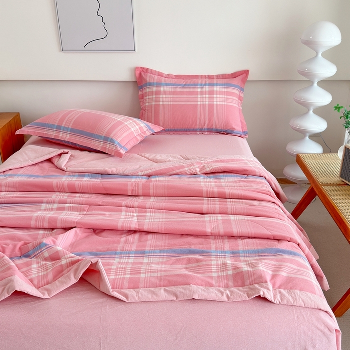 91家纺网 家纺一手货源 找家纺 三沁2025新款全棉色织水洗棉夏被 秋荷粉