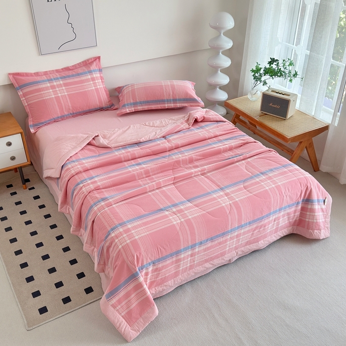 91家纺网 家纺一手货源 找家纺 三沁2025新款全棉色织水洗棉夏被 秋荷粉