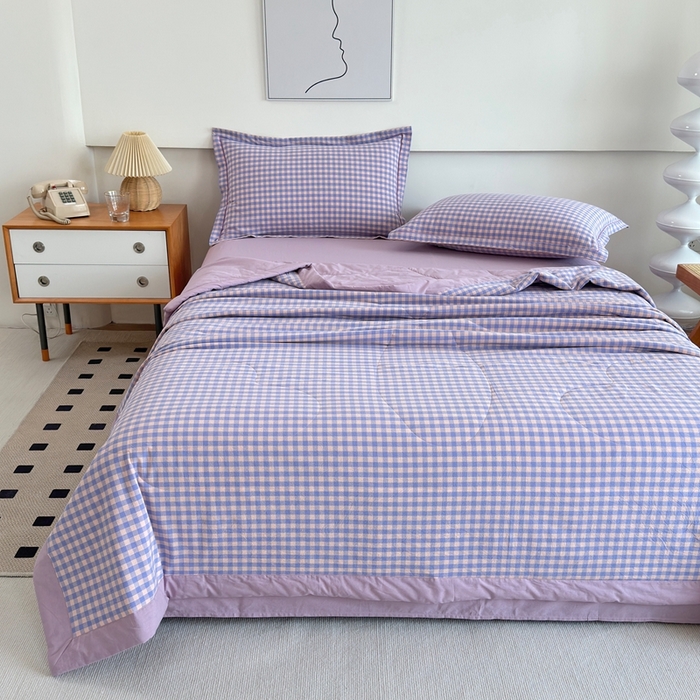 91家纺网 家纺一手货源 找家纺 三沁2025新款全棉色织水洗棉夏被 香芋紫小格