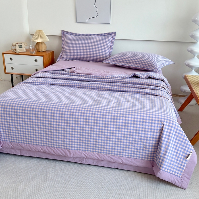 91家纺网 家纺一手货源 找家纺 三沁2025新款全棉色织水洗棉夏被 香芋紫小格