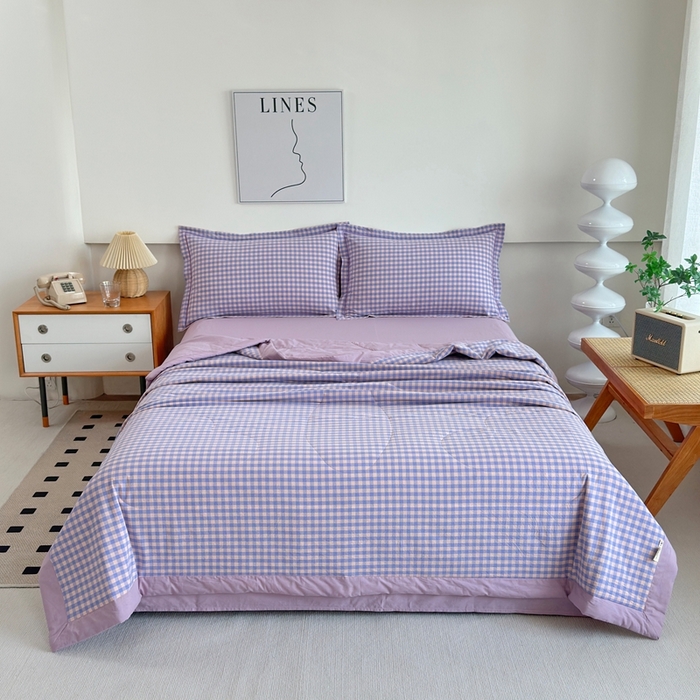 91家纺网 家纺一手货源 找家纺 三沁2025新款全棉色织水洗棉夏被 香芋紫小格