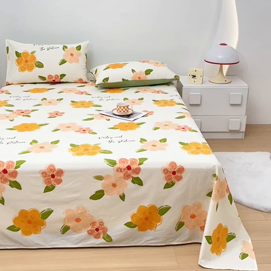 91家纺网 家纺一手货源 找家纺 宇彬家纺 2025直播新款13372全棉纯棉印花双人单床单枕套三件套喷气小清新简约学生被单 争奇斗艳