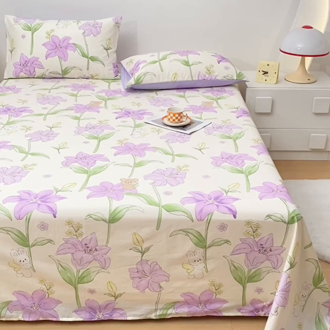 91家纺网 家纺一手货源 找家纺 宇彬家纺 2025直播新款13372全棉纯棉印花双人单床单枕套三件套喷气小清新简约学生被单 春日来信