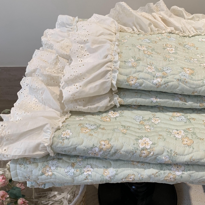 91家纺网 家纺一手货源 找家纺 奈萝家纺 2025新款全棉蕾丝花边床盖三件套四件套纯棉花边夏被 花语绿