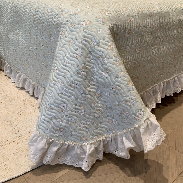 91家纺网 家纺一手货源 找家纺 奈萝家纺 2025新款全棉蕾丝花边床盖三件套四件套纯棉花边夏被 花语绿