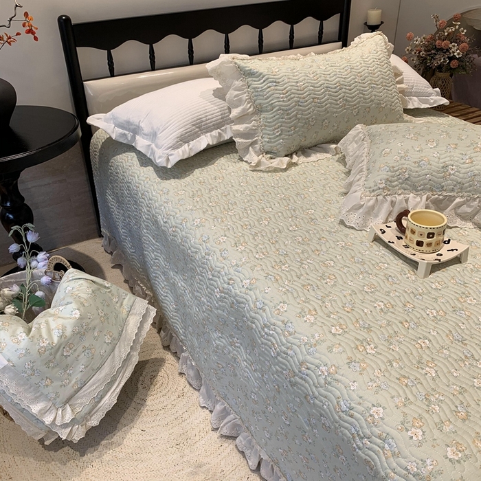 91家纺网 家纺一手货源 找家纺 奈萝家纺 2025新款全棉蕾丝花边床盖三件套四件套纯棉花边夏被 花语绿