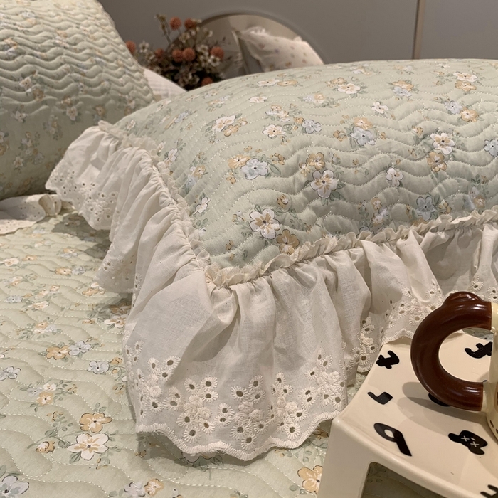 91家纺网 家纺一手货源 找家纺 奈萝家纺 2025新款全棉蕾丝花边床盖三件套四件套纯棉花边夏被 花语绿