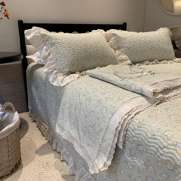 91家纺网 家纺一手货源 找家纺 奈萝家纺 2025新款全棉蕾丝花边床盖三件套四件套纯棉花边夏被 花语绿