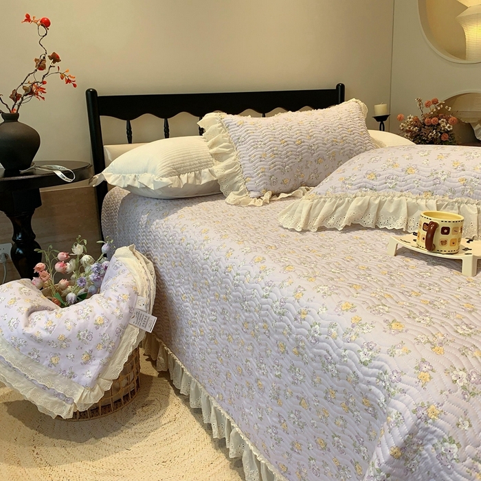 91家纺网 家纺一手货源 找家纺 奈萝家纺 2025新款全棉蕾丝花边床盖三件套四件套纯棉花边夏被 花语紫