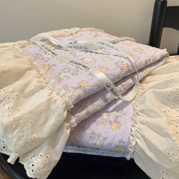 91家纺网 家纺一手货源 找家纺 奈萝家纺 2025新款全棉蕾丝花边床盖三件套四件套纯棉花边夏被 花语紫