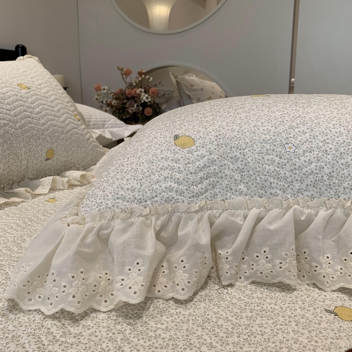 91家纺网 家纺一手货源 找家纺 奈萝家纺 2025新款全棉蕾丝花边床盖三件套四件套纯棉花边夏被 柠檬