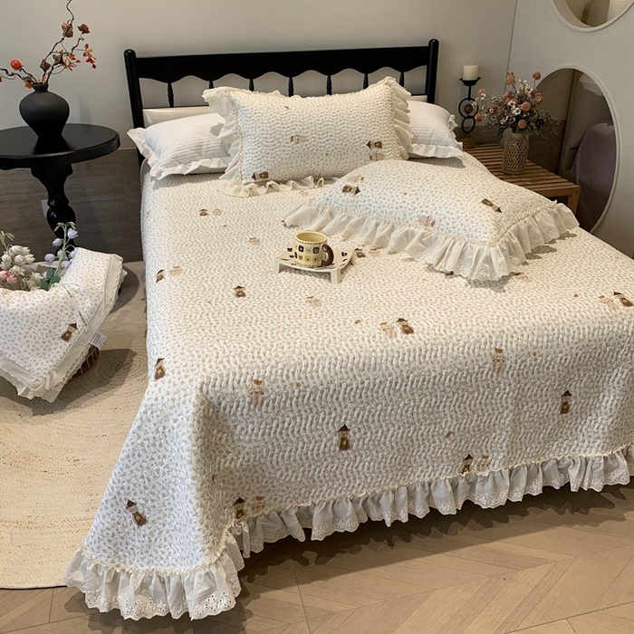 91家纺网 家纺一手货源 找家纺 奈萝家纺 2025新款全棉蕾丝花边床盖三件套四件套纯棉花边夏被 西瓜兔