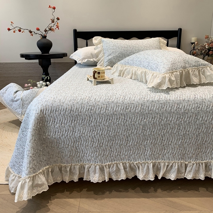 91家纺网 家纺一手货源 找家纺 奈萝家纺 2025新款全棉蕾丝花边床盖三件套四件套纯棉花边夏被 夏蓝