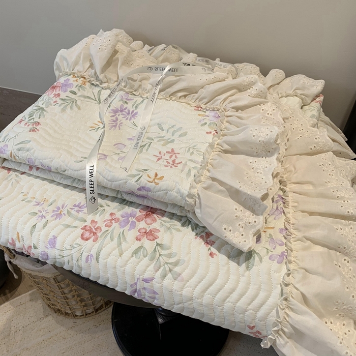 91家纺网 家纺一手货源 找家纺 奈萝家纺 2025新款全棉蕾丝花边床盖三件套四件套纯棉花边夏被 夏之语